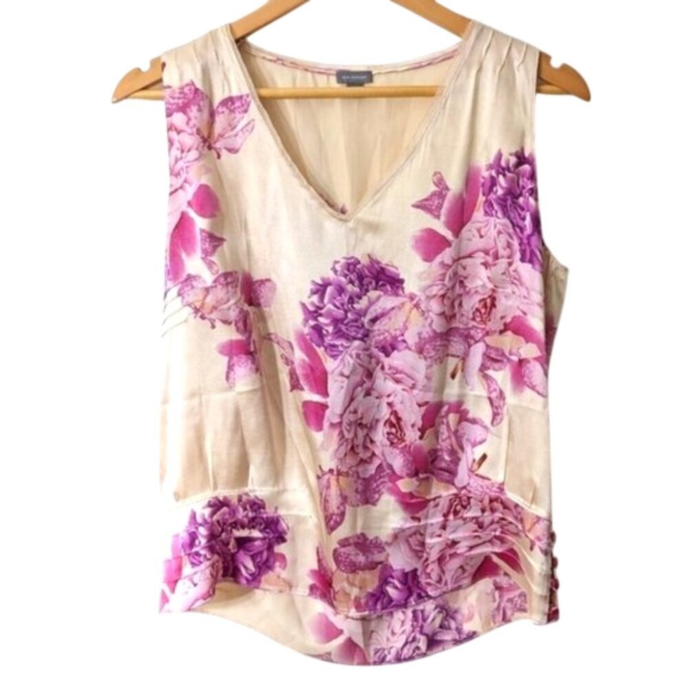 Ann Taylor 100% Silk Floral Sleeveless Top Pink and Cream Size L